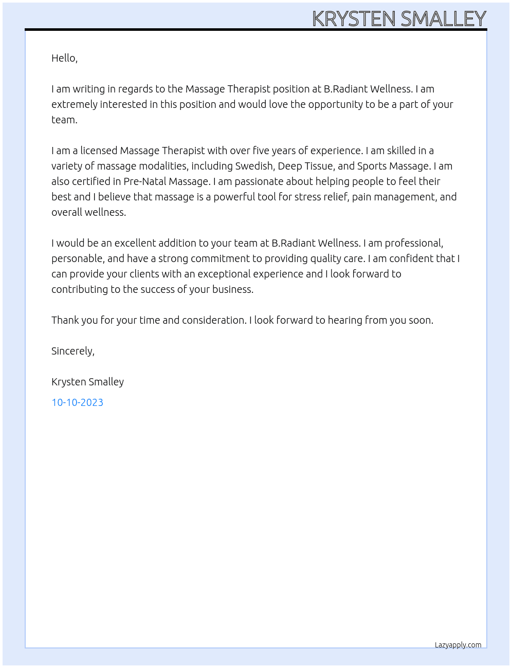 Massage Therapist  At B.Radiant Wellness  Cover Letter