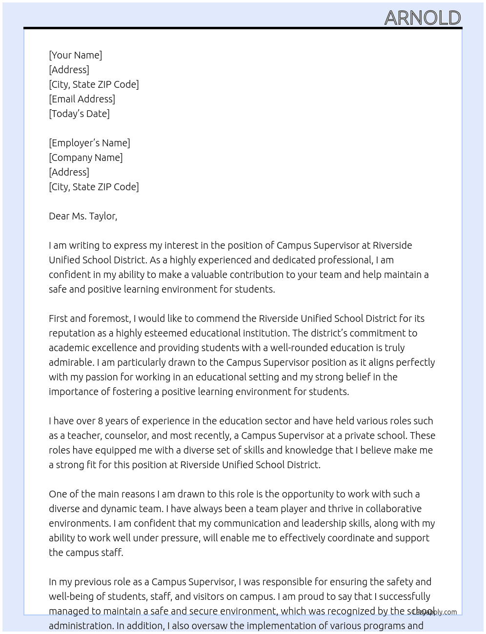 Cover letter for campus supervisor - LazyApply