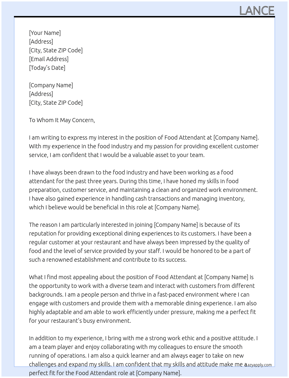 food attendant At company Cover Letter