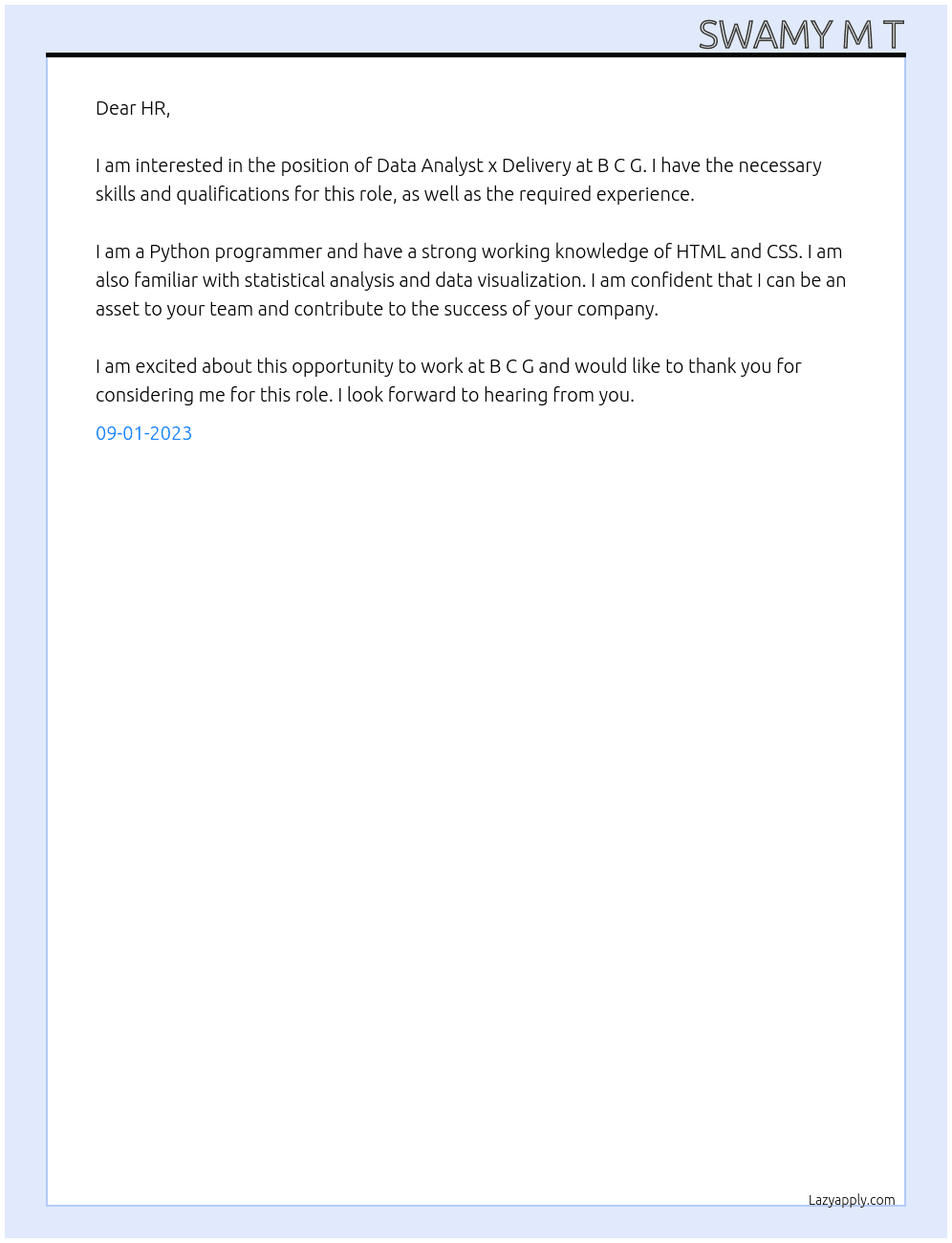 Data analyst x delivery  At  B C G Cover Letter