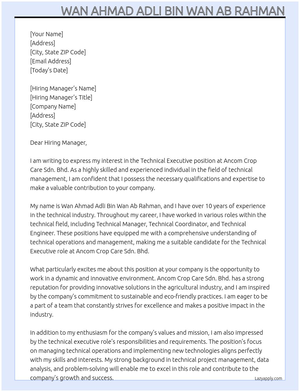 Technical Executive At Ancom Crop Care Sdn. Bhd. Cover Letter