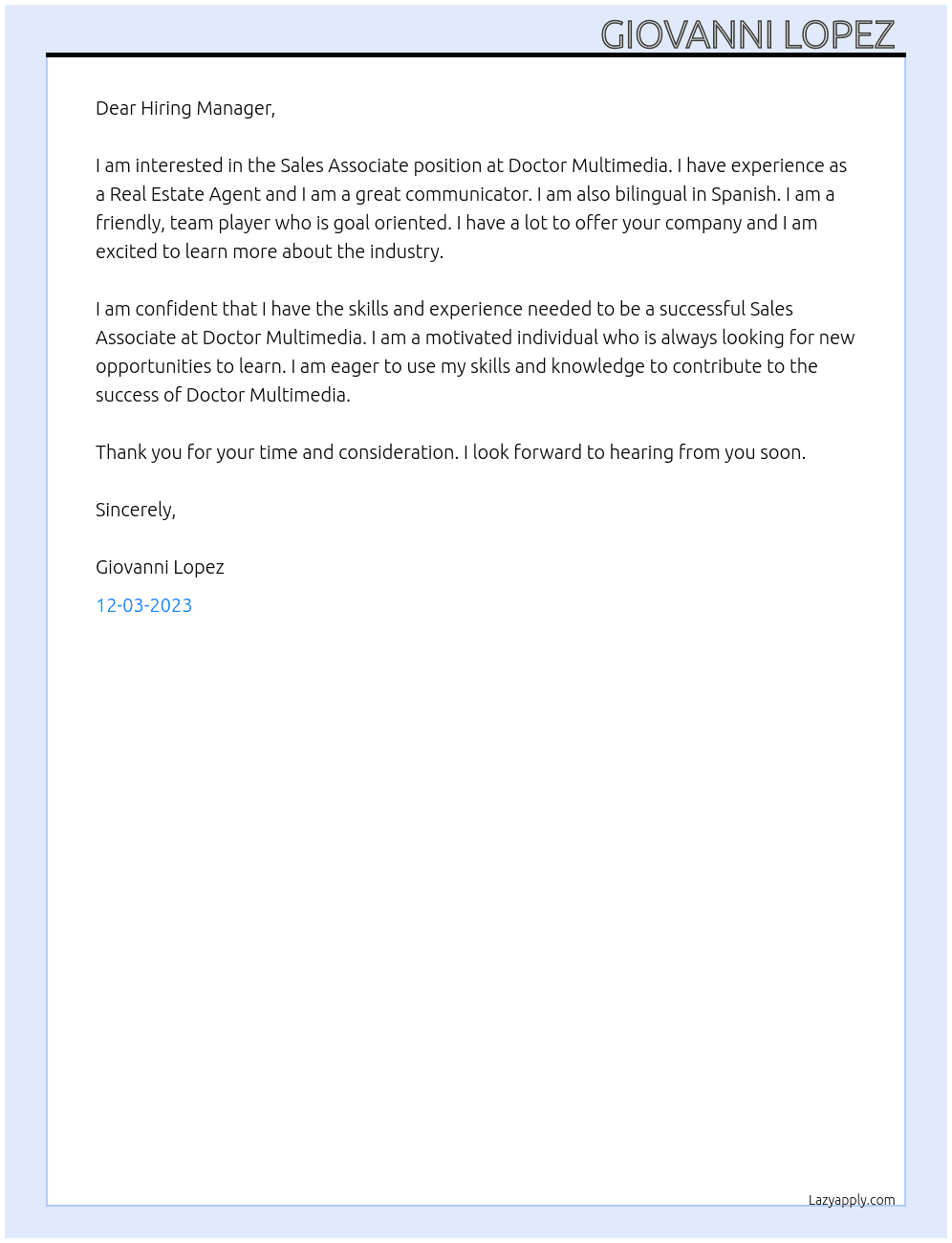 Sales Associate  At Doctor Multimedia  Cover Letter