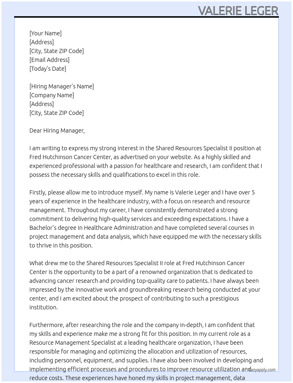 Shared Resources Specialist II At Fred Hutchinson Cancer Center Cover Letter
