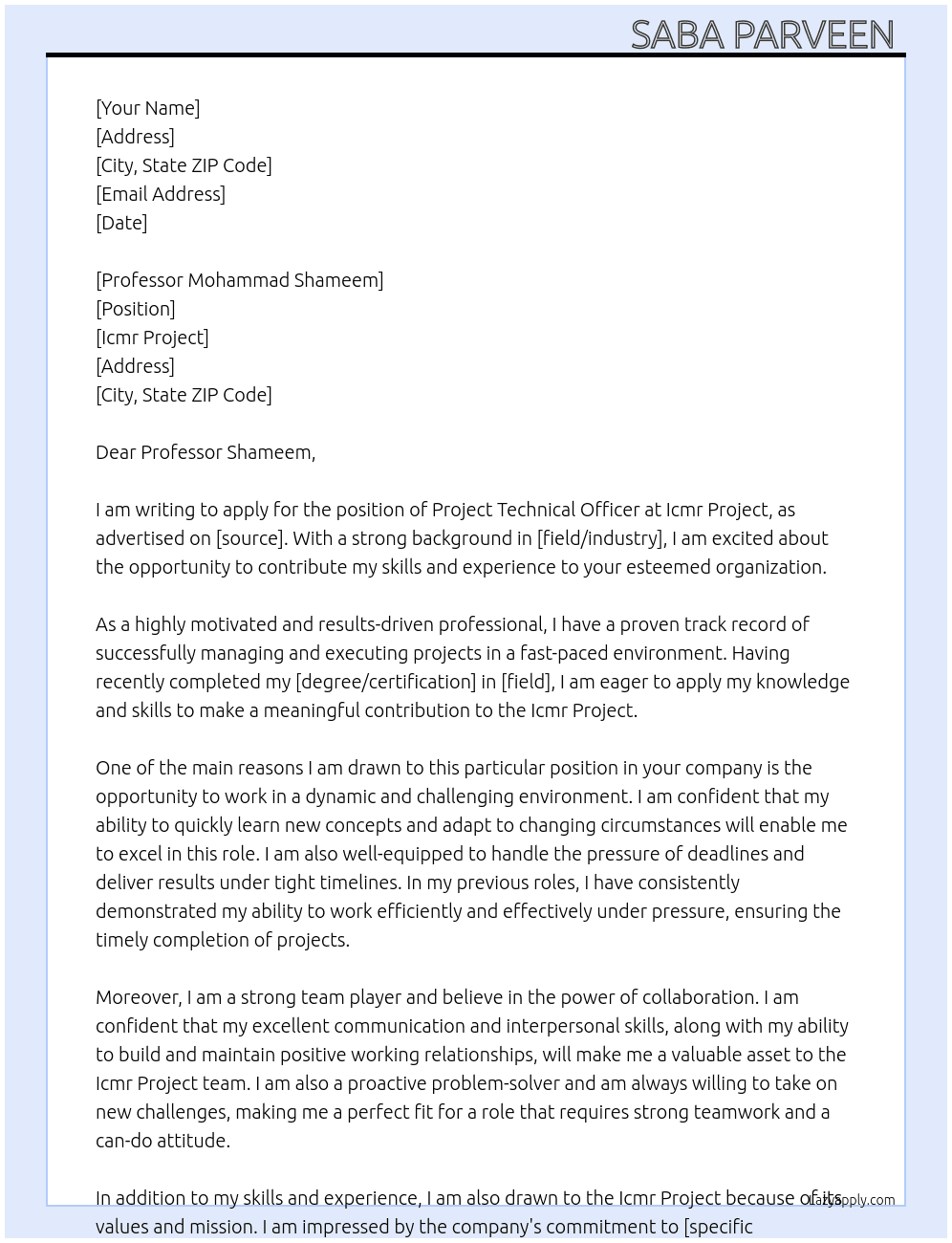 project technical officer At Icmr project Cover Letter