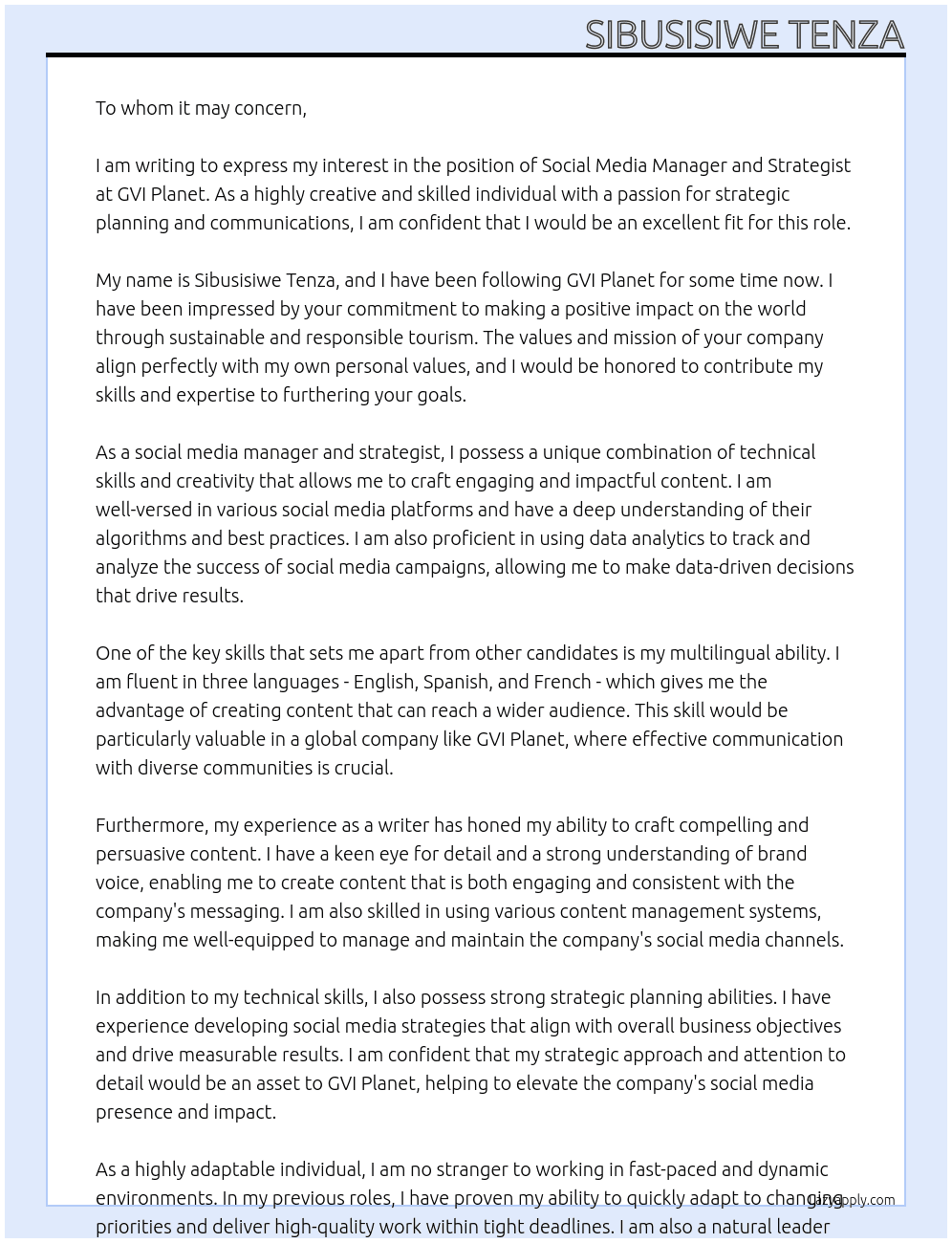 Social media manager and Strategist At GVI Planet Cover Letter