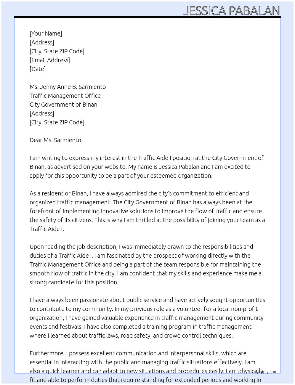 TRAFFIC AIDE I At city government of binan Cover Letter