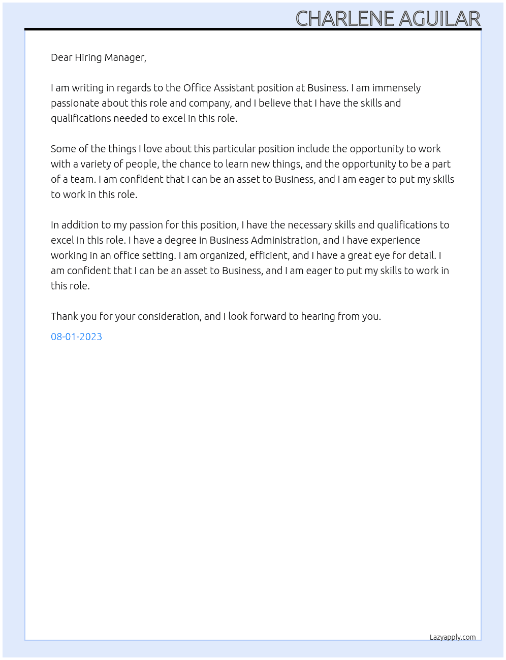 Office assistant At Business Cover Letter