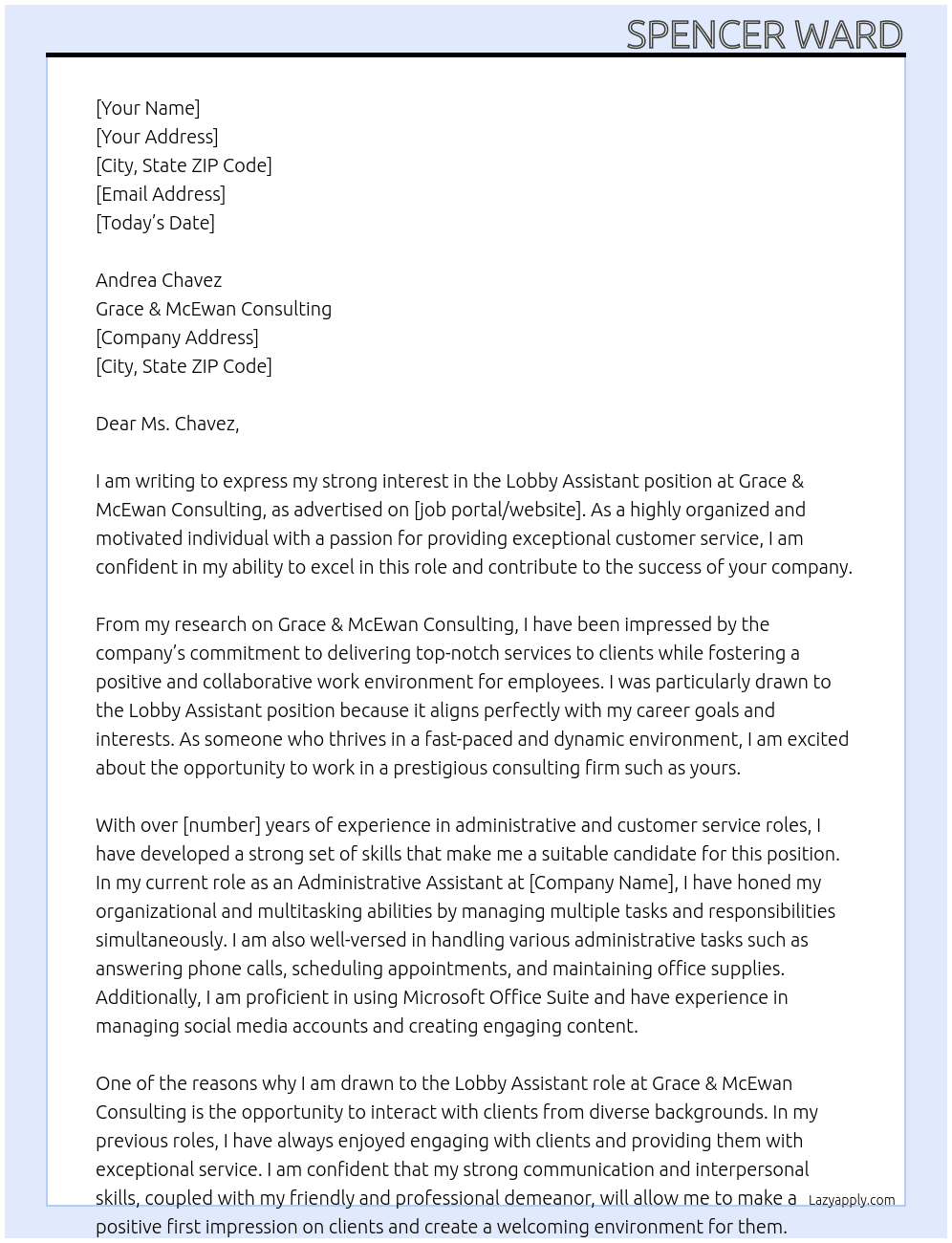 Lobby Assistant At Grace & McEwan Consulting Cover Letter