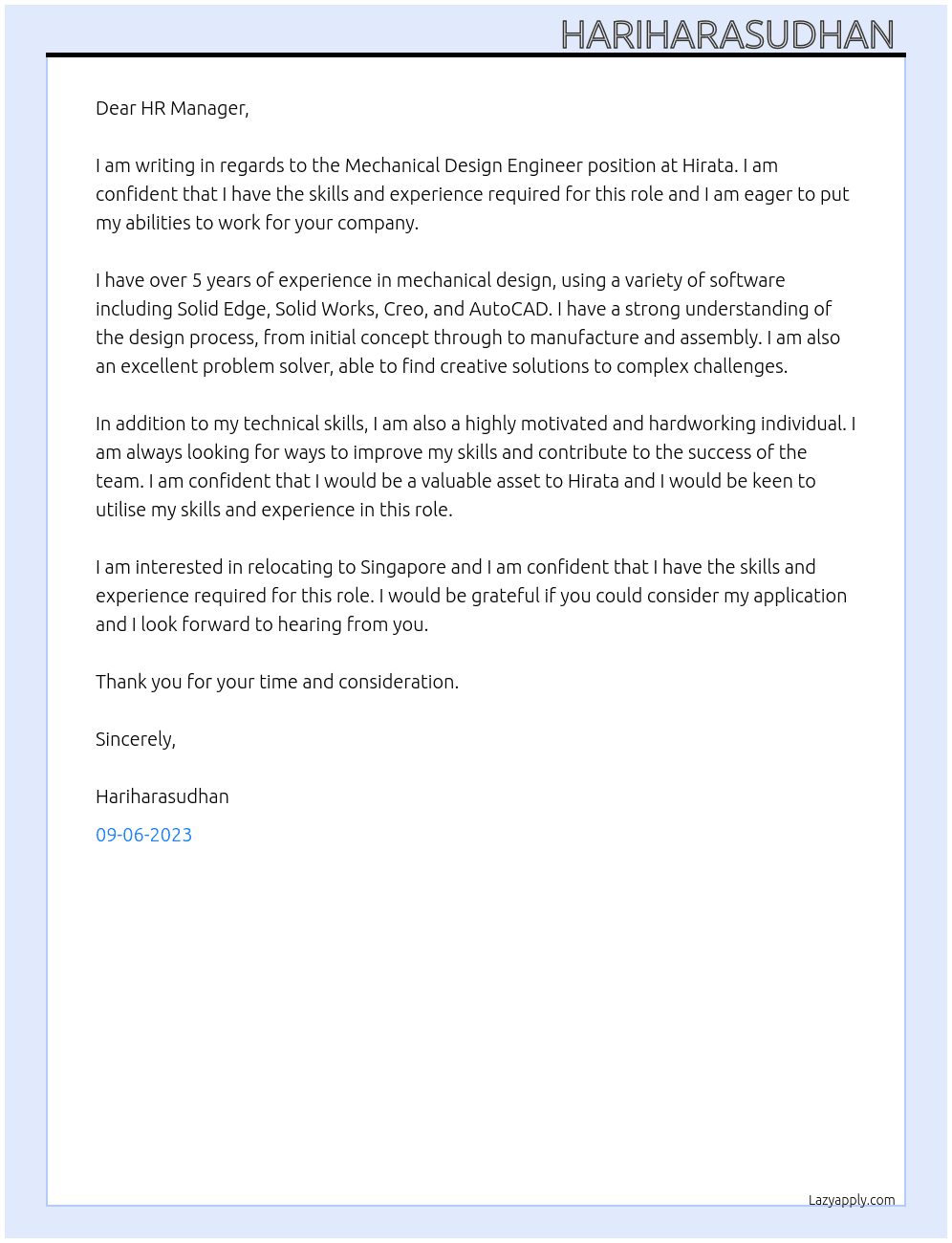 Mechanical design engineer  At Hirata Cover Letter