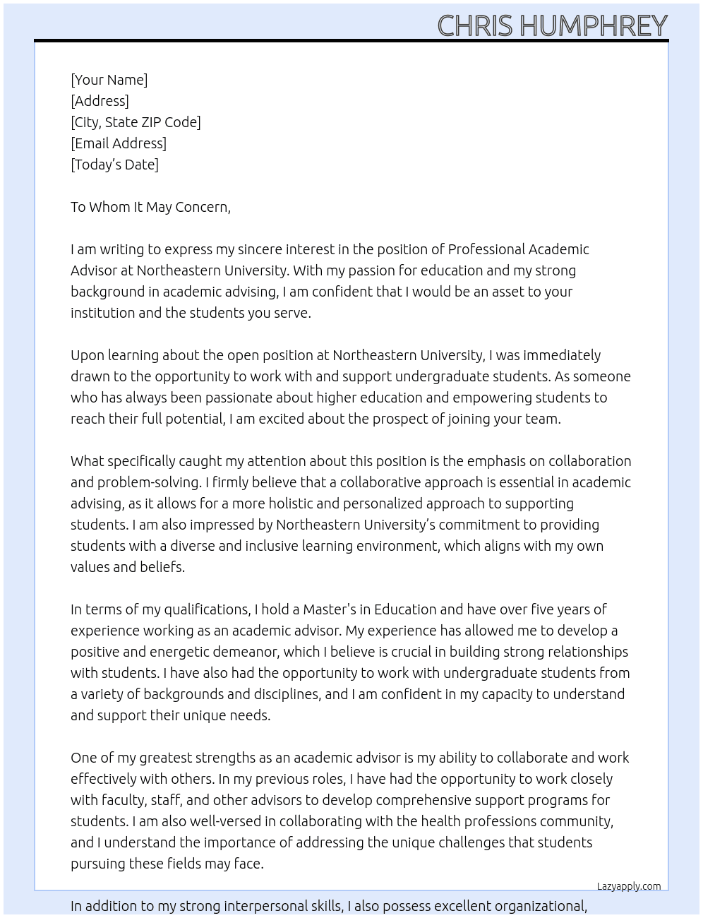 Professional Academic Advisor At Northeastern University Cover Letter