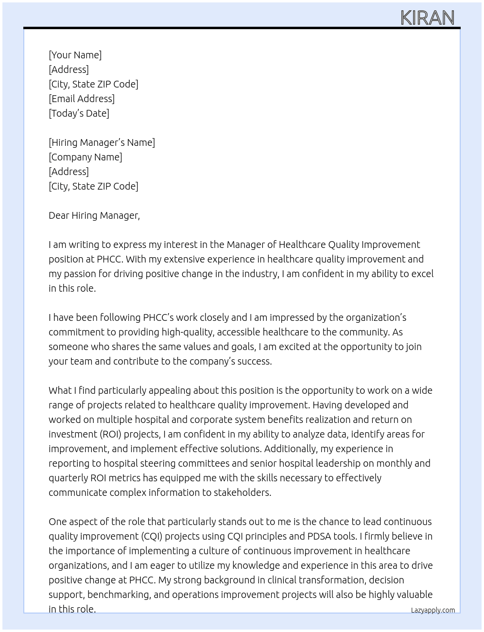 Manager of Healthcare Quality Improvement At PHCC Cover Letter
