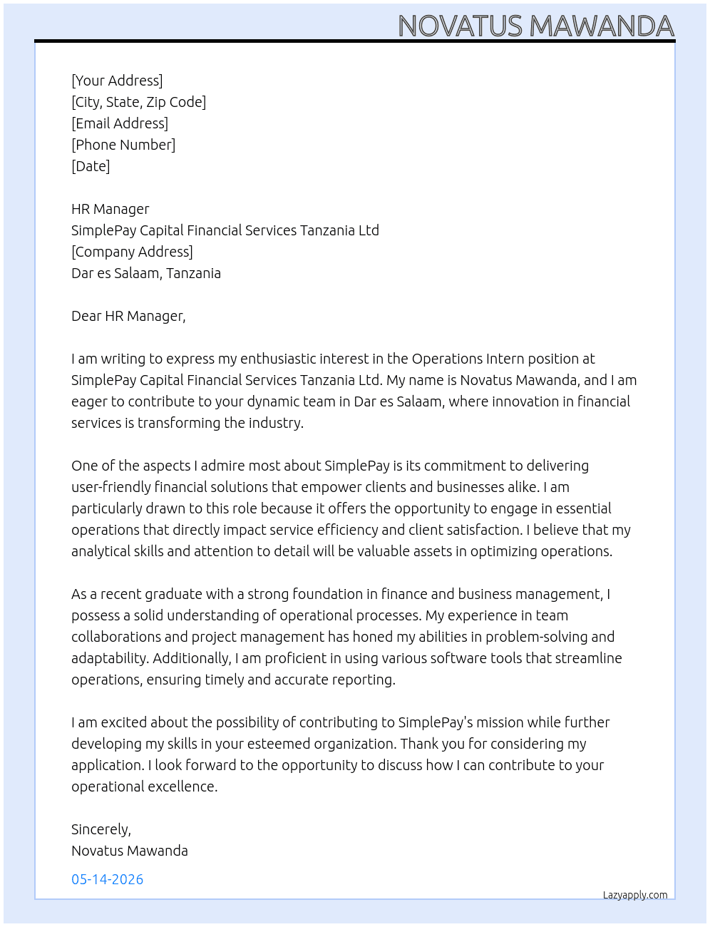 INTERN At SIMPLEPAY CAPITAL FINANCIAL SERVICESC TANZANIA LTD Cover Letter