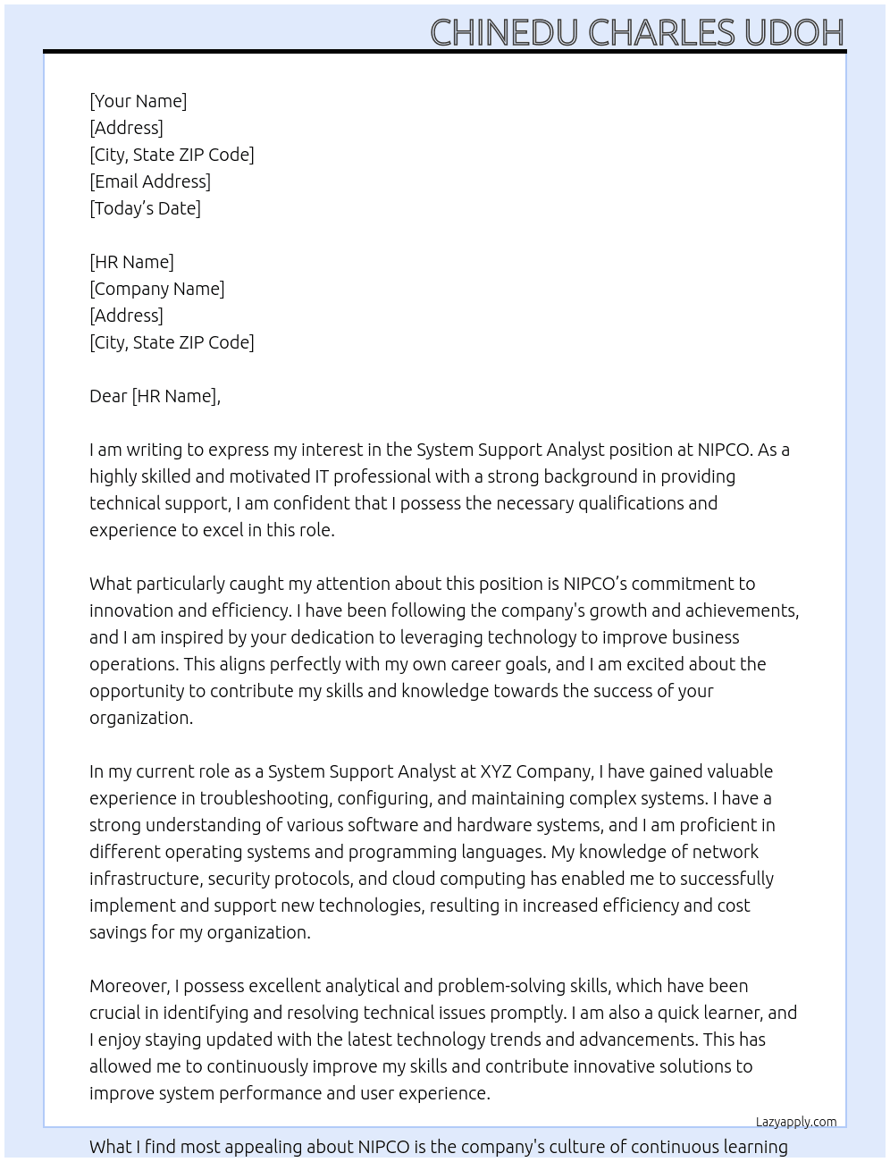 System Support Analyst At NIPCO Cover Letter