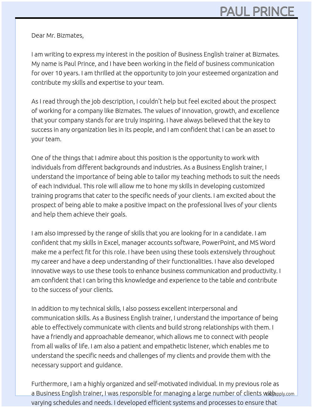 Business English trainer At Bizmates Cover Letter