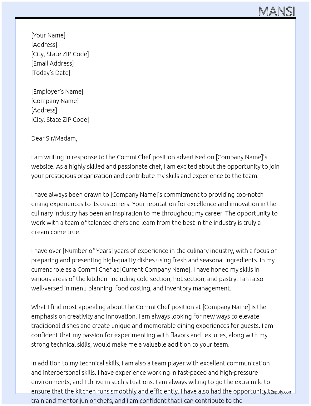 Commi chef At Organisation Cover Letter
