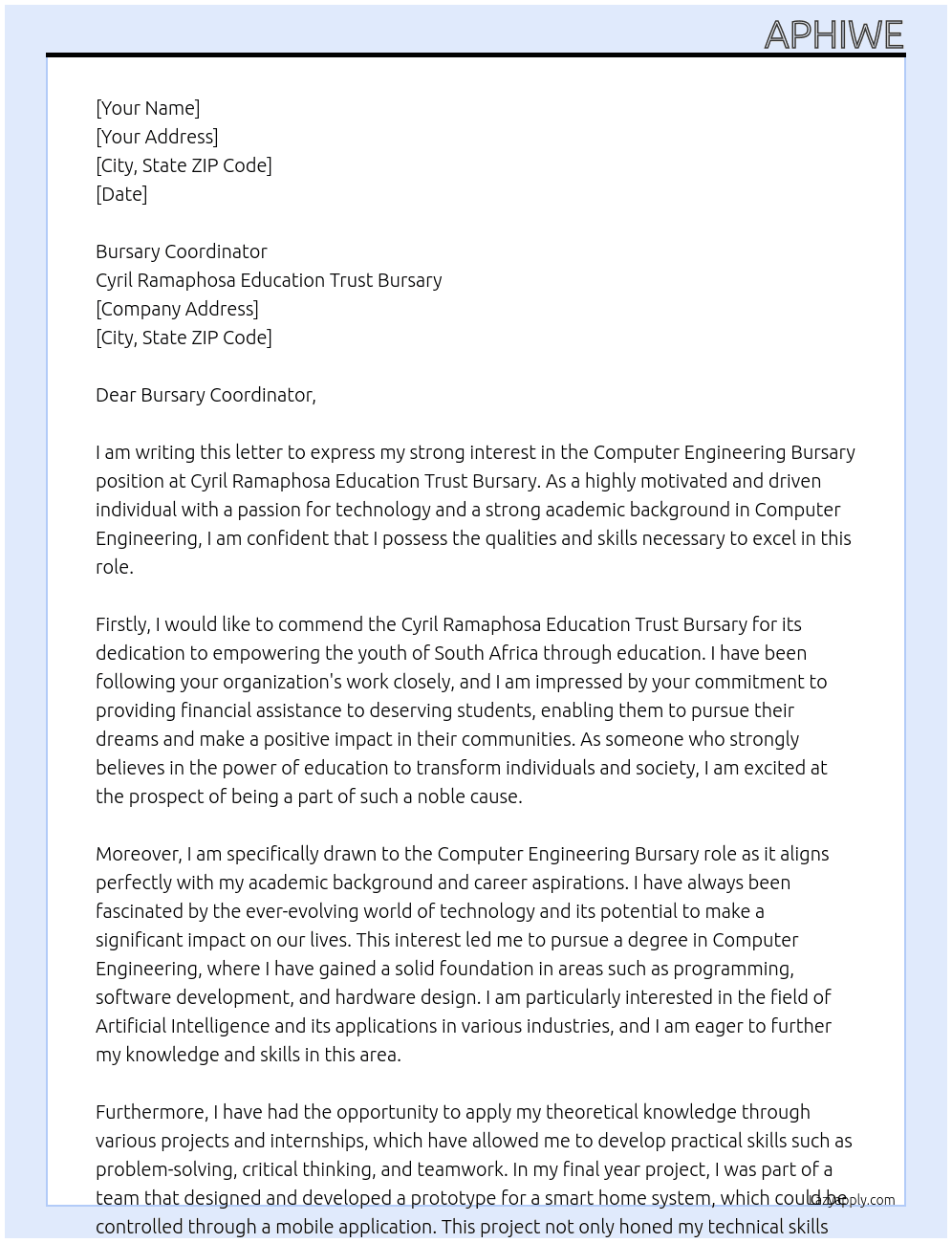 Computer Engineering Bursary At Cyril Ramaphosa Education Trust Bursary Cover Letter