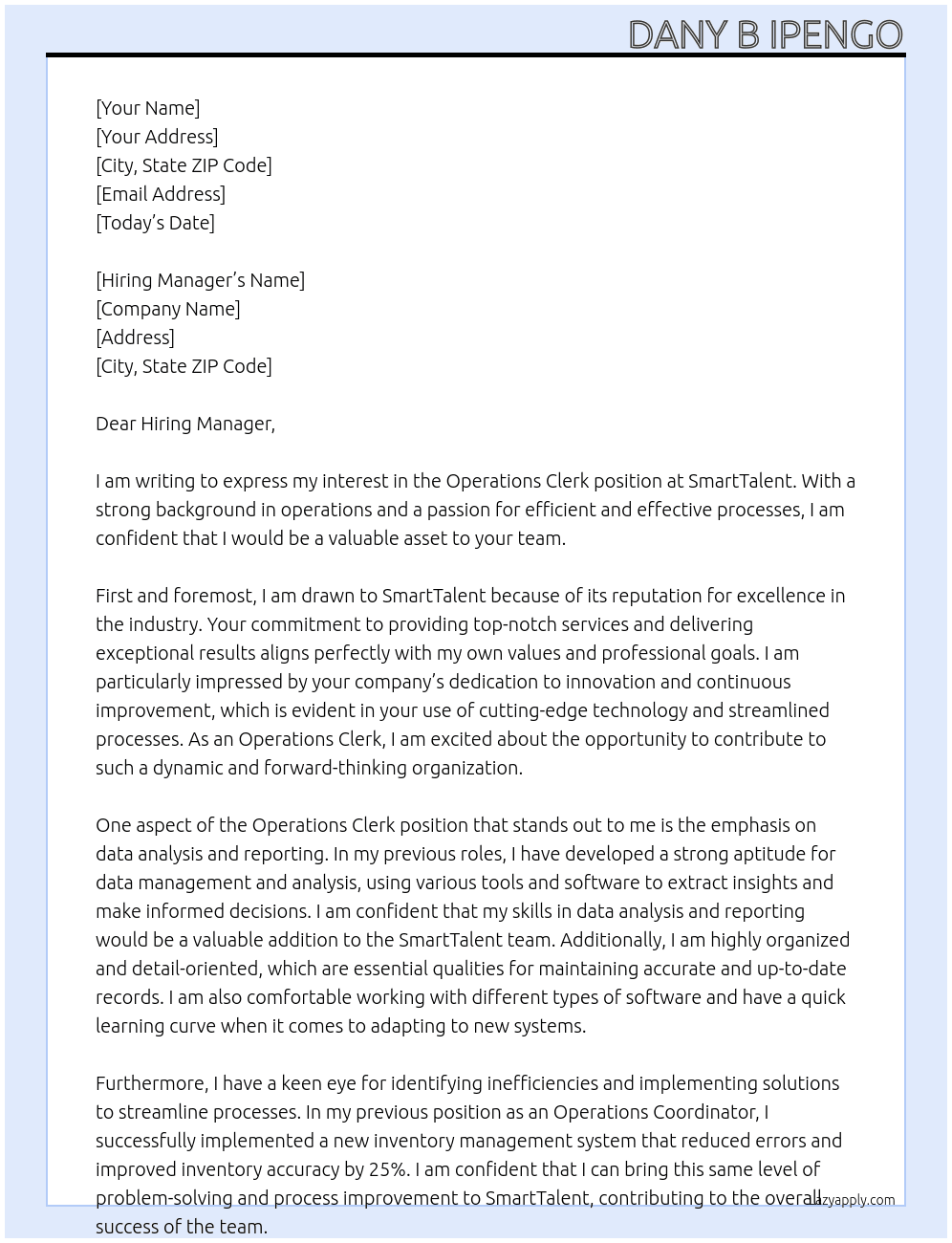 Operations Clerk At SmartTalent  Cover Letter