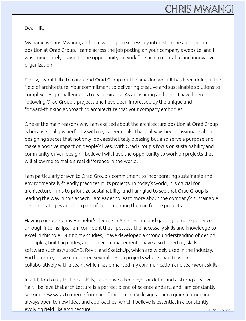 architecture At Orad Group Cover Letter