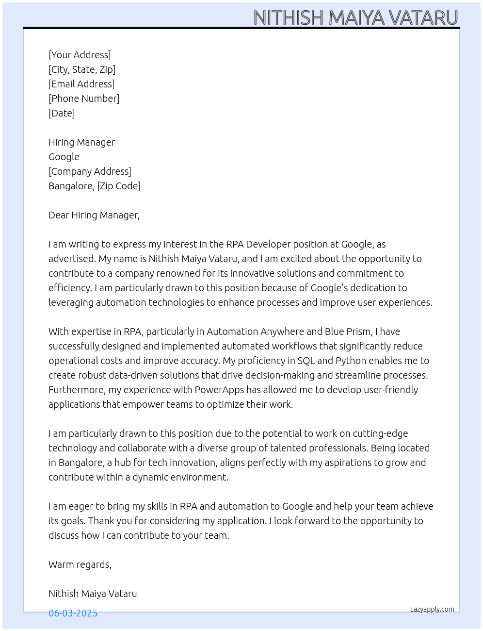 Cover letter for rpa developer - LazyApply