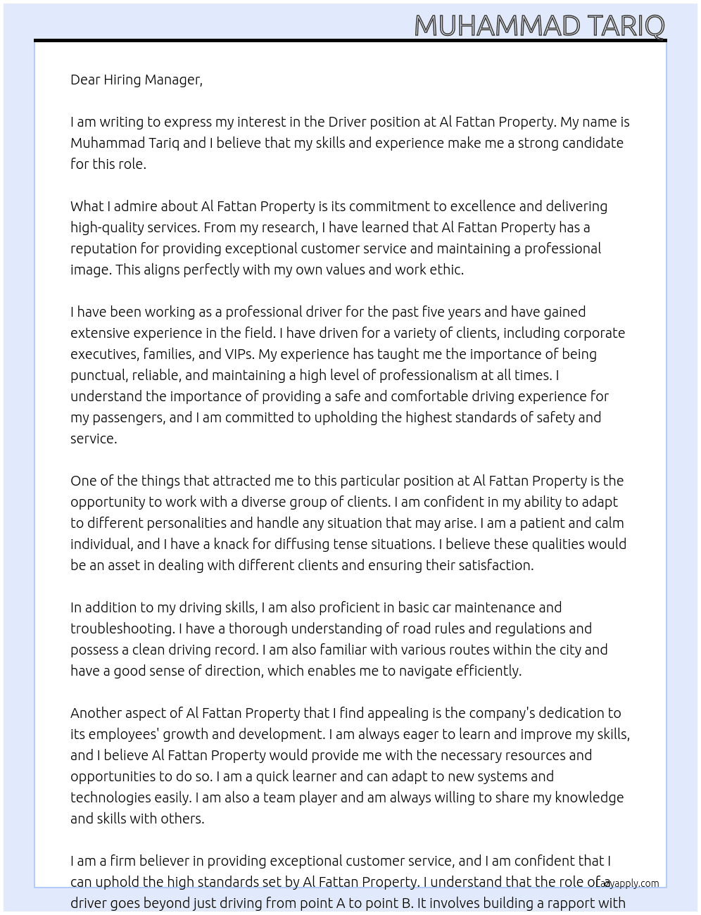Driver At Al fattan property Cover Letter