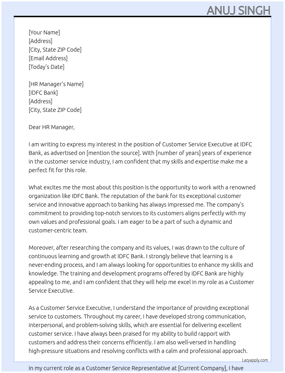 Customer Service Executive  At idfc bank Cover Letter