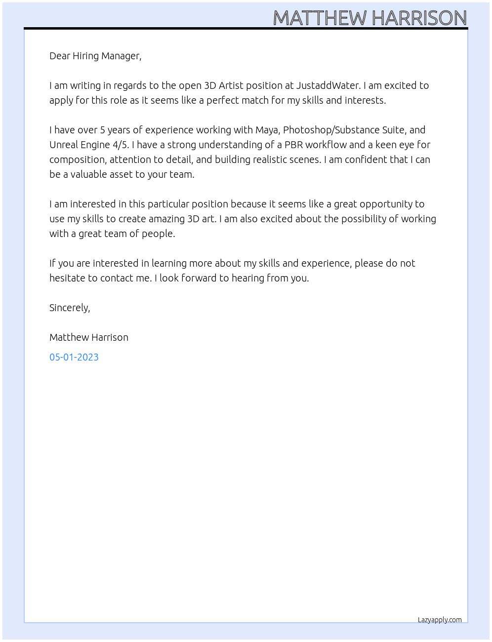 3D Artist At JustaddWater Cover Letter