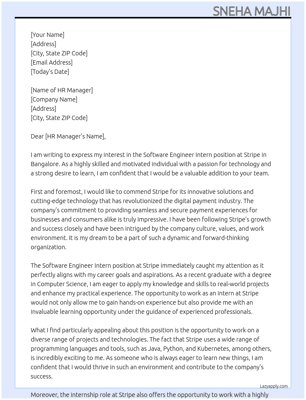 Software engineer intern At Stripe  Cover Letter