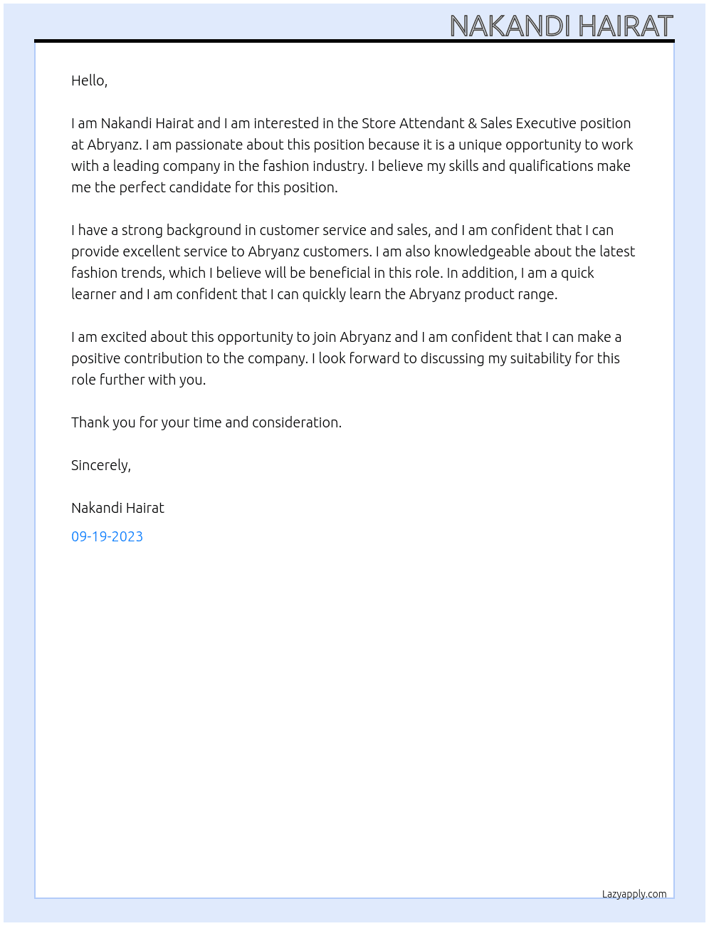 store attendant & sales executive At Abryanz Cover Letter