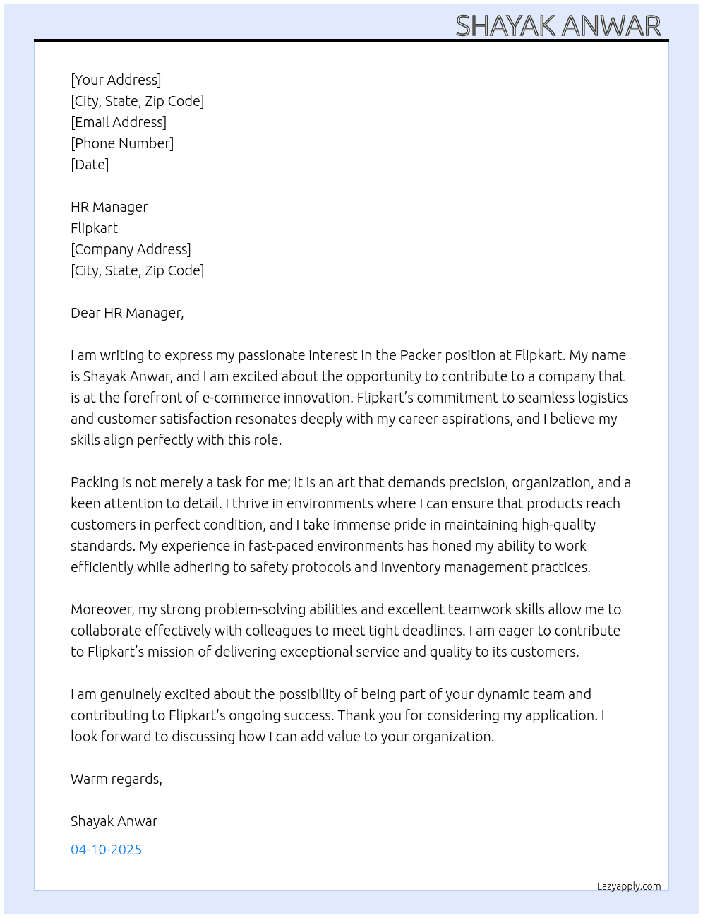 Packer At Flipkart  Cover Letter