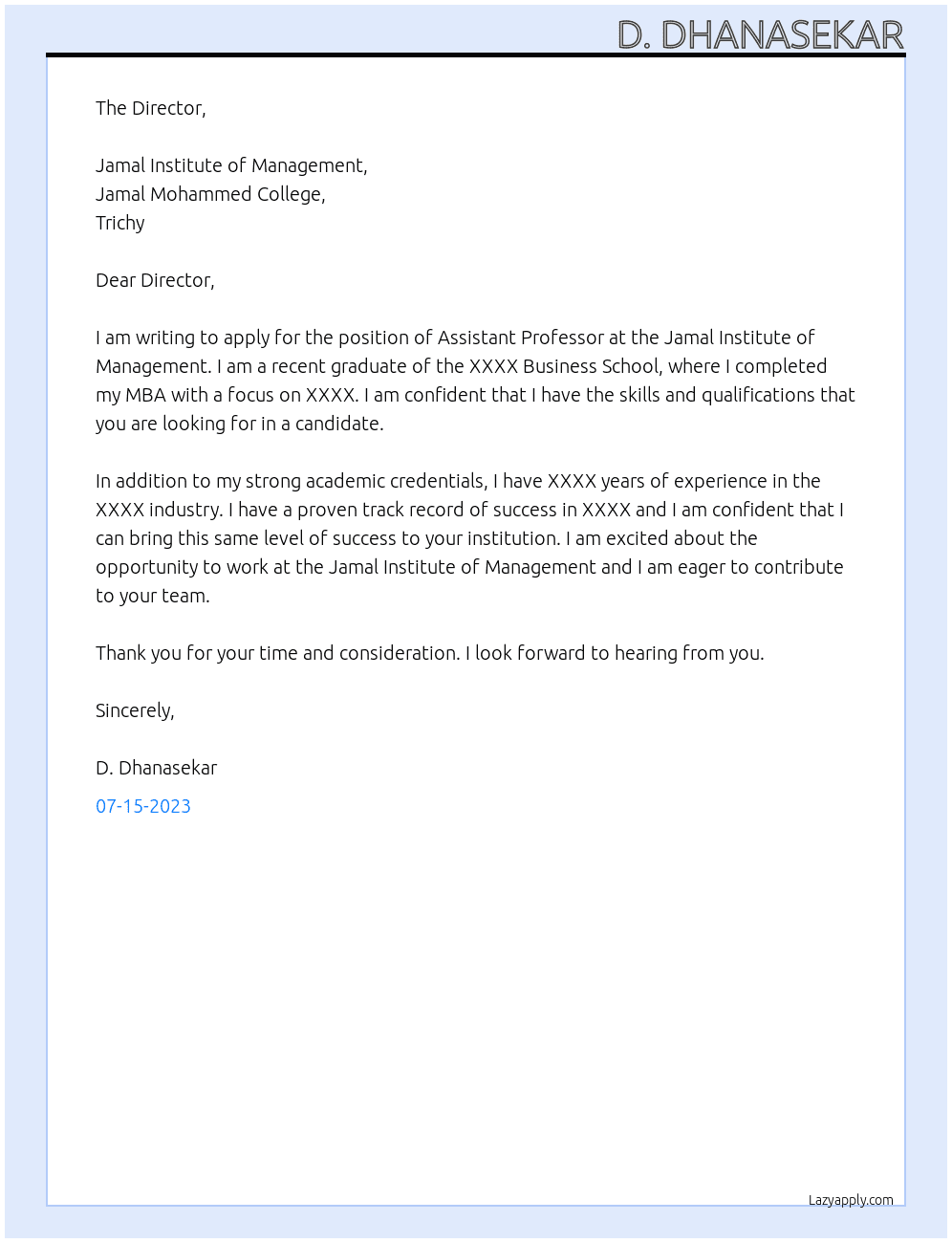 Assistant Professor for fresher At Jamal Institute of Management Cover Letter