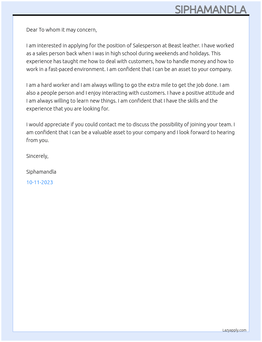 Salesperson  At Beast leather  Cover Letter