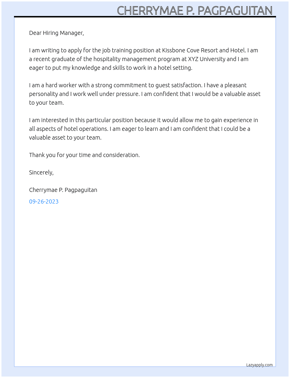 job training At Kissbone Cove Resort and Hotel Cover Letter