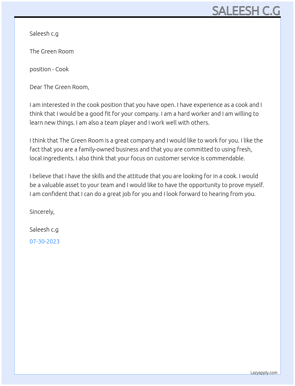Cook At The Green Room Cover Letter