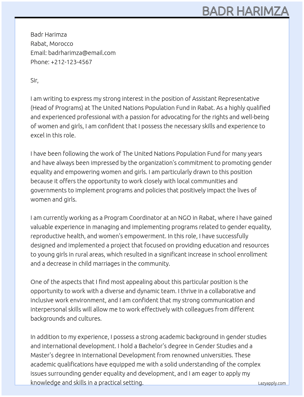 ASSISTANT REPRESENTATIVE (HEAD OF PROGRAMS) At The United Nations Population Fund Cover Letter