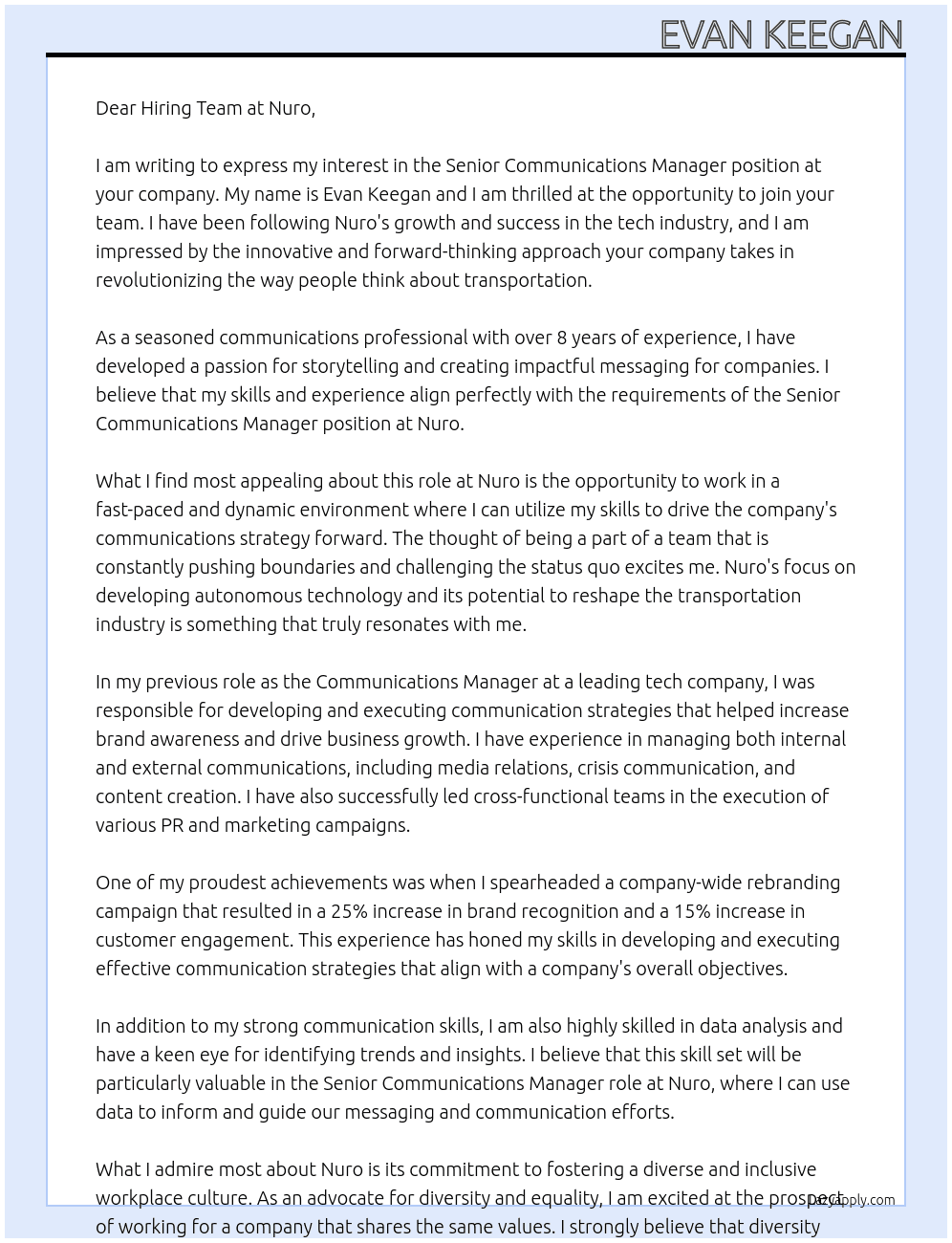 Senior Communications Manager At Nuro Cover Letter