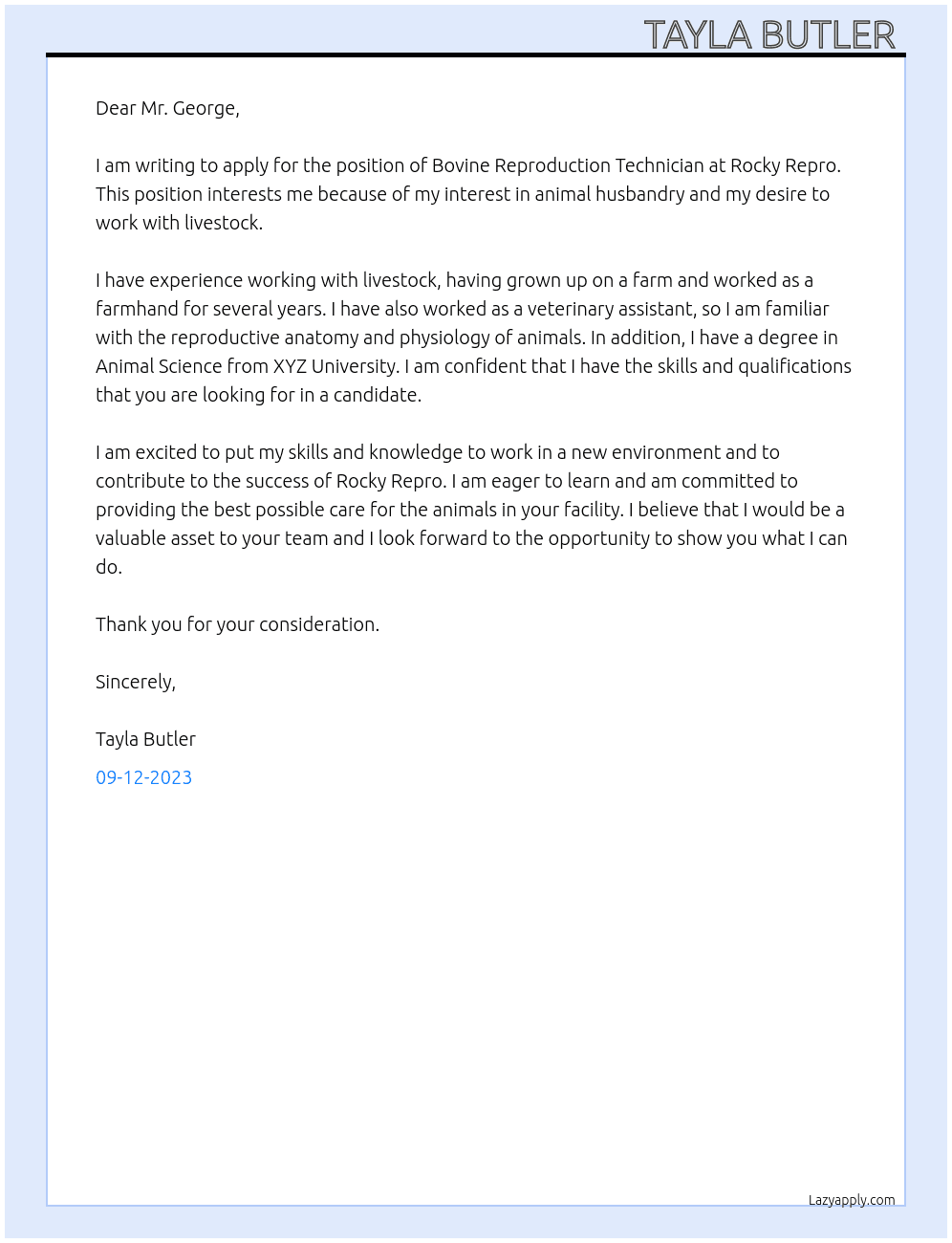 Bovine reproduction technician  At Rocky Repro Cover Letter