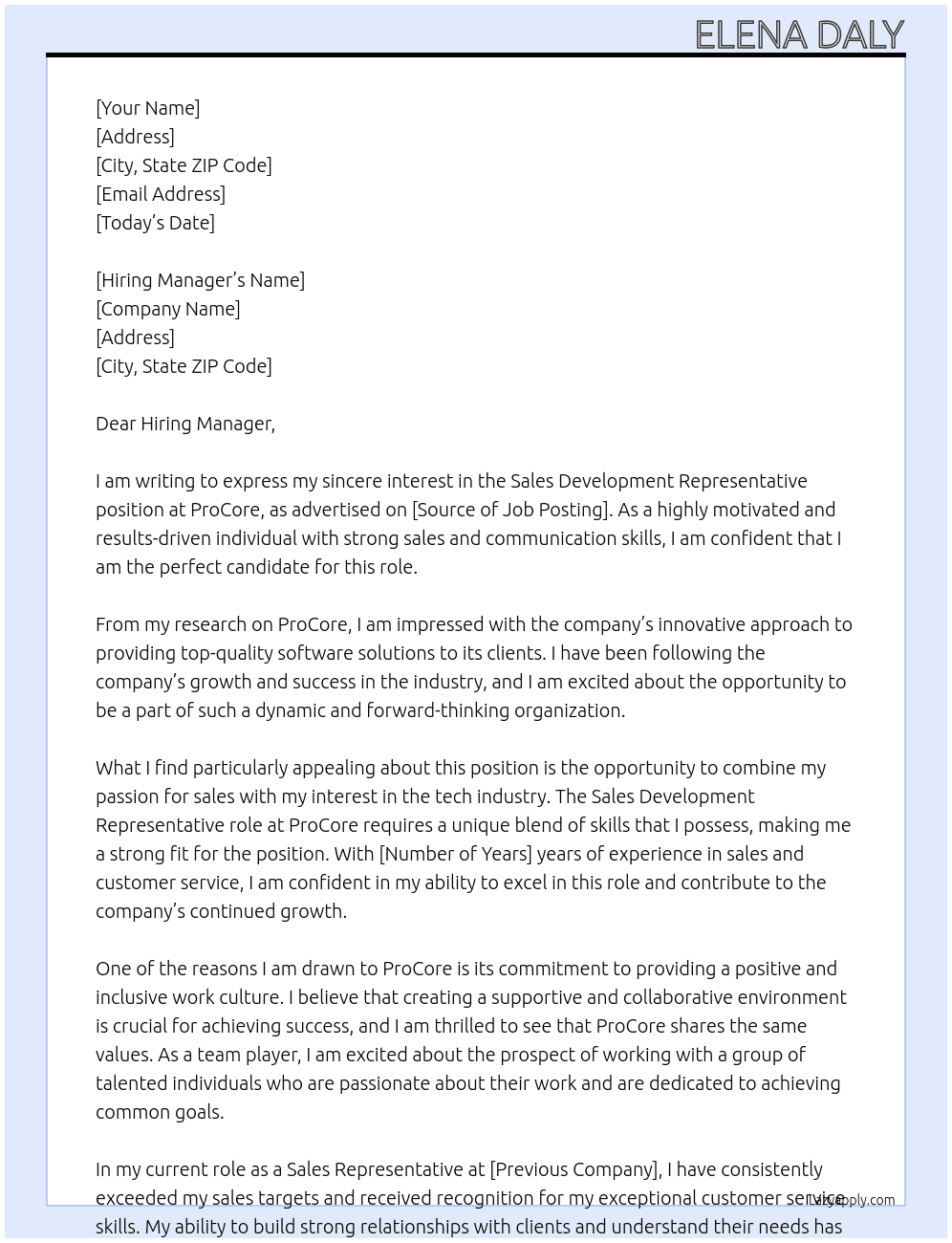 Sales Development Representative At ProCore Cover Letter