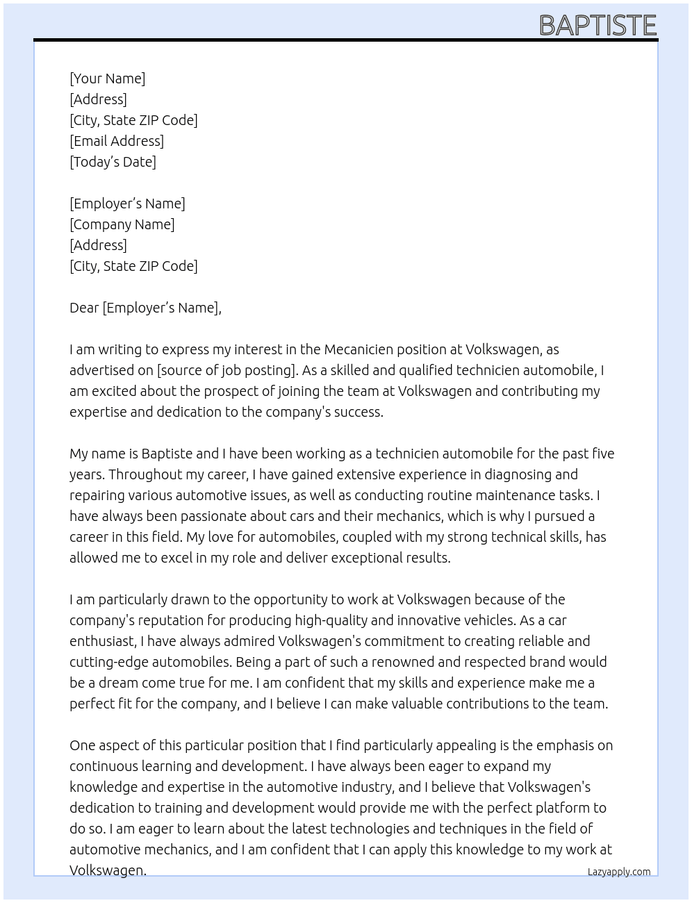 Mecanicien  At Volkswagen  Cover Letter