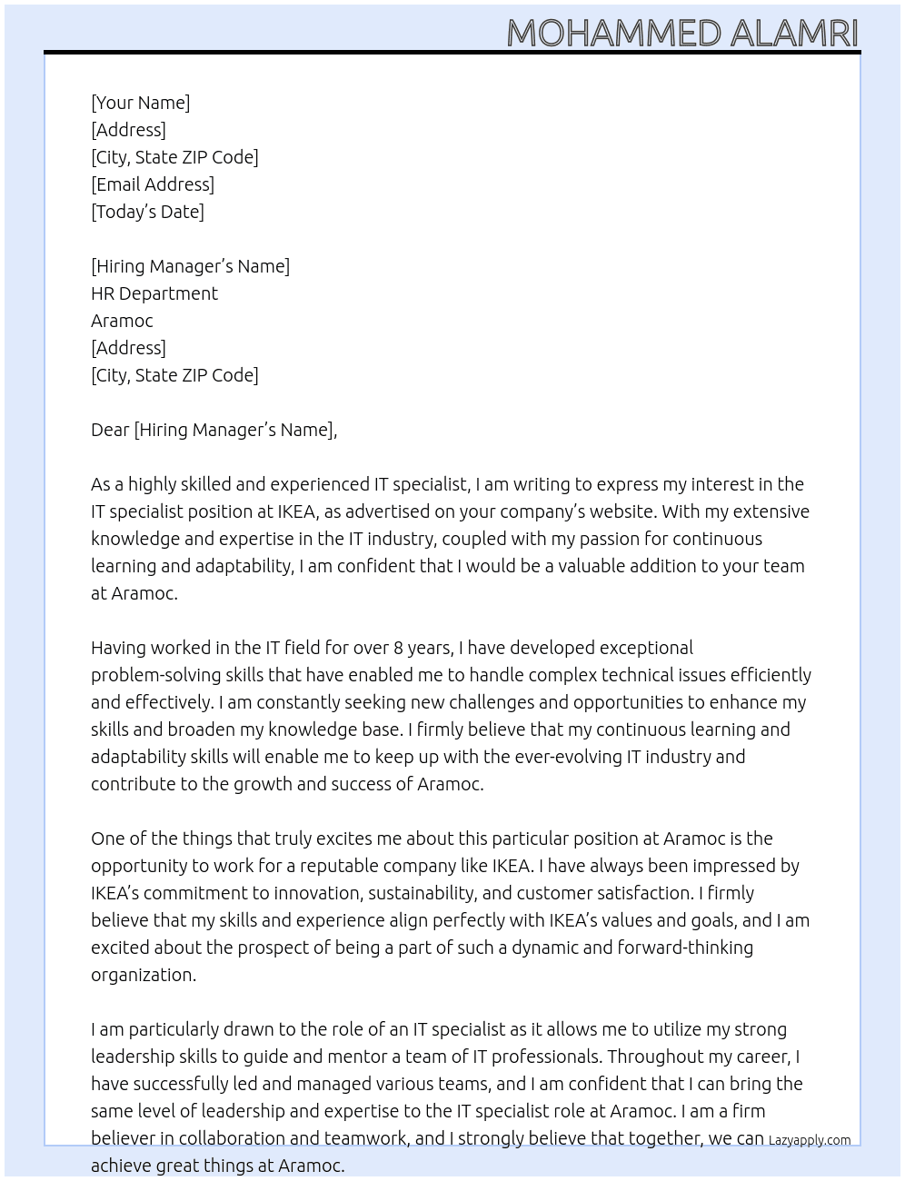 IT specialist at IKEA  At Aramoc Cover Letter