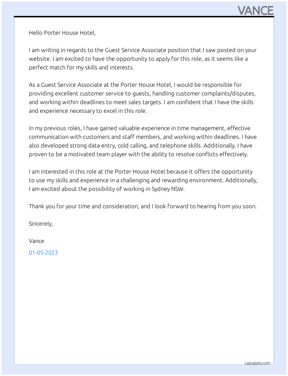 Guest Service Associate At Porter House Hotel Cover Letter