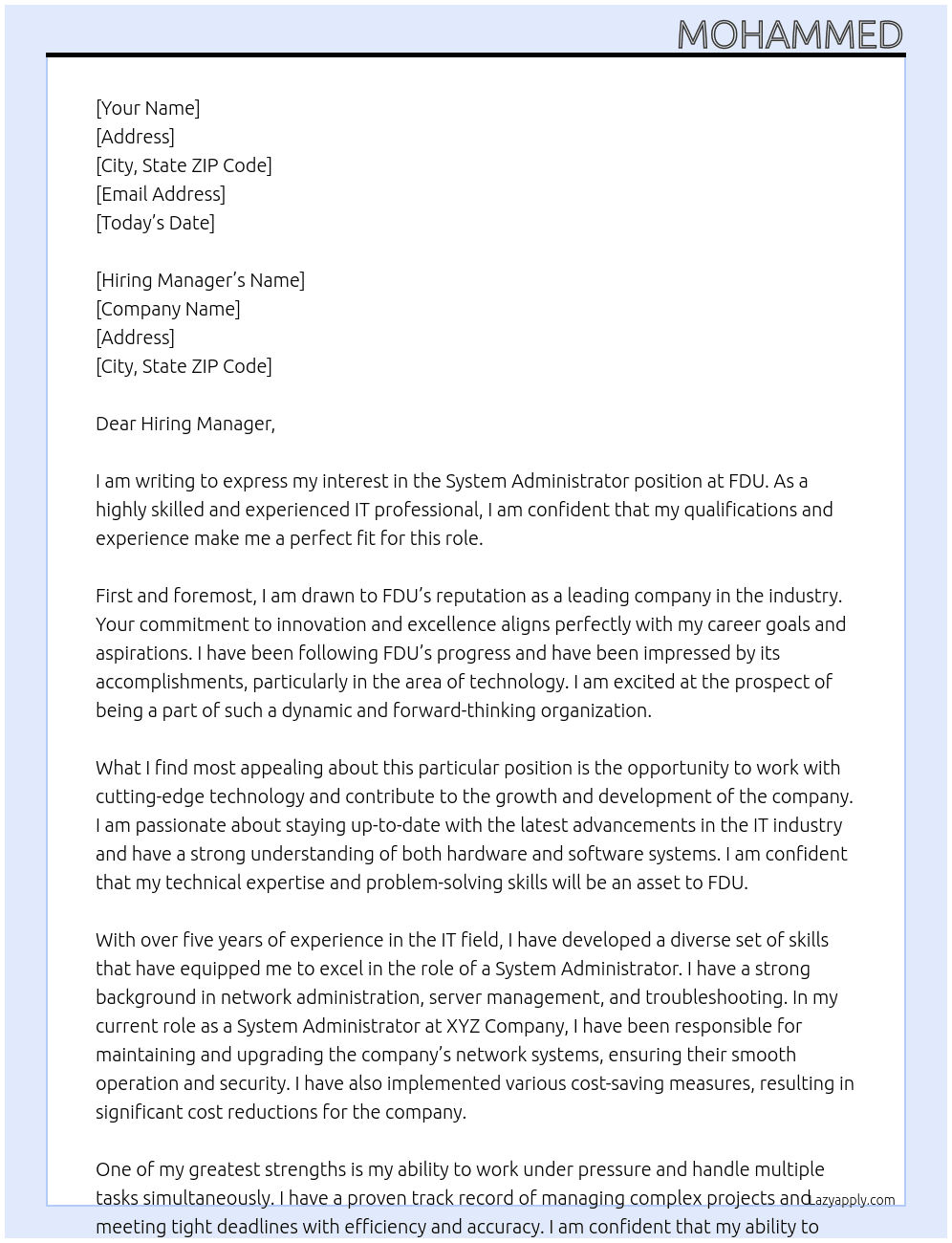 System Administrator At FDU Cover Letter