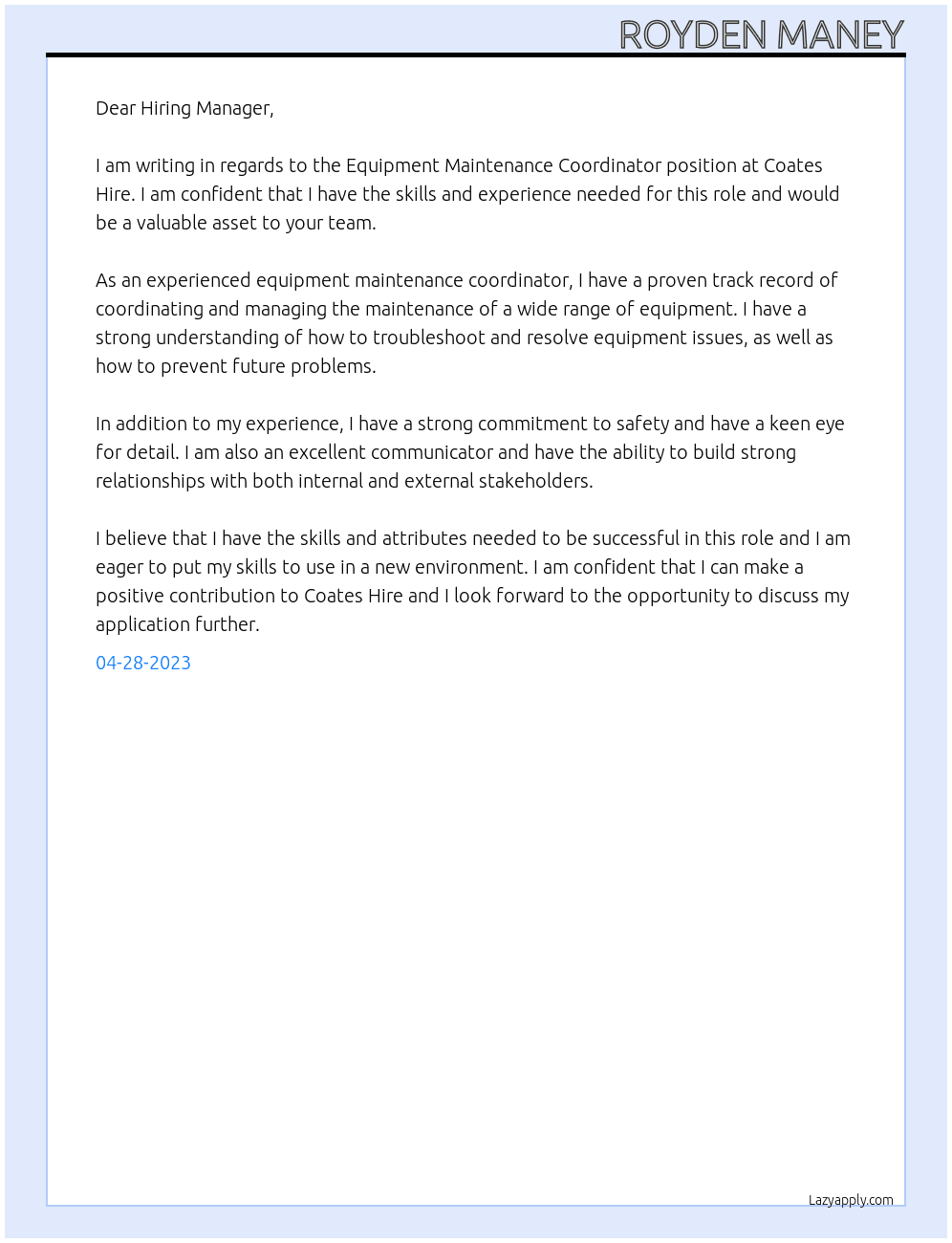 equipment maintenance coordinator At Coates hire Cover Letter