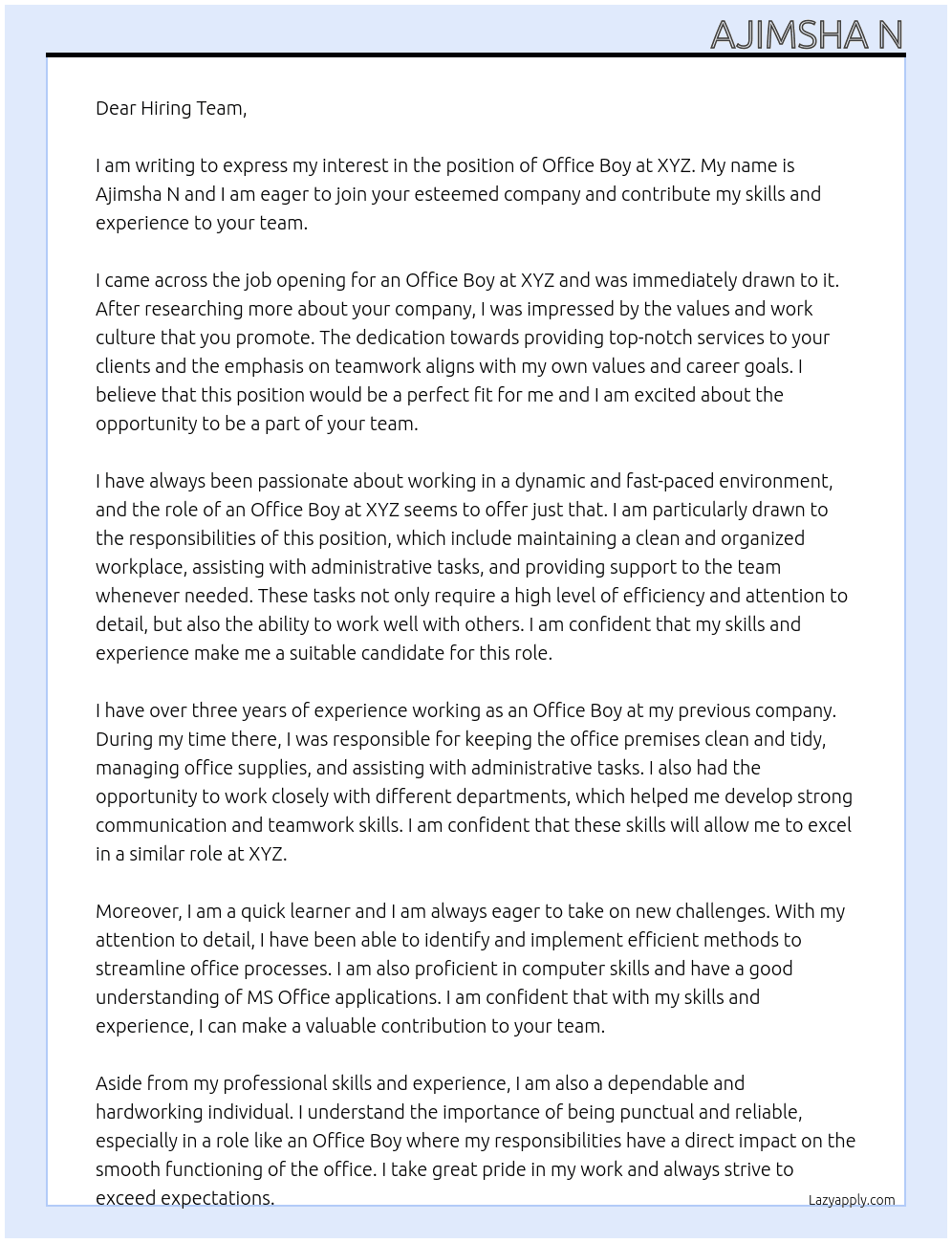 Office Boy  At XYZ Cover Letter