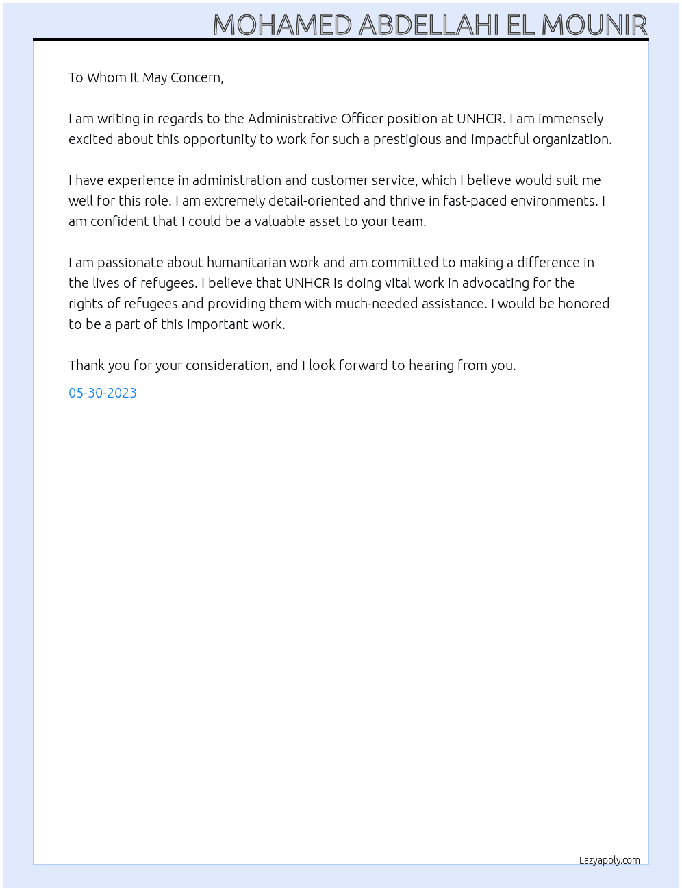 Administrative Officer At United Nations High Commissionner for Refugees Cover Letter