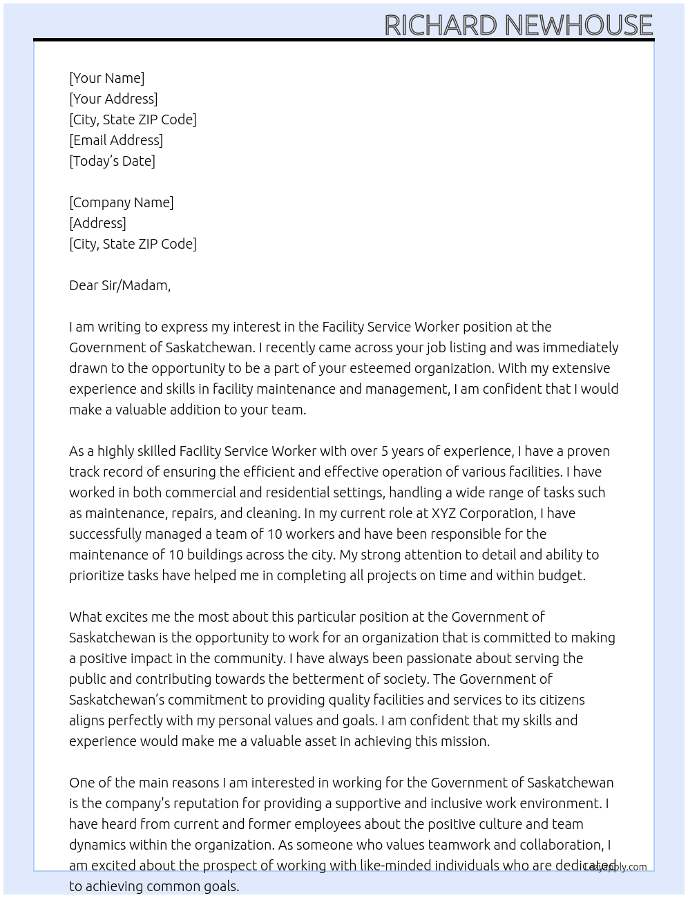 Facility service worker At Government of saskatchewan  Cover Letter