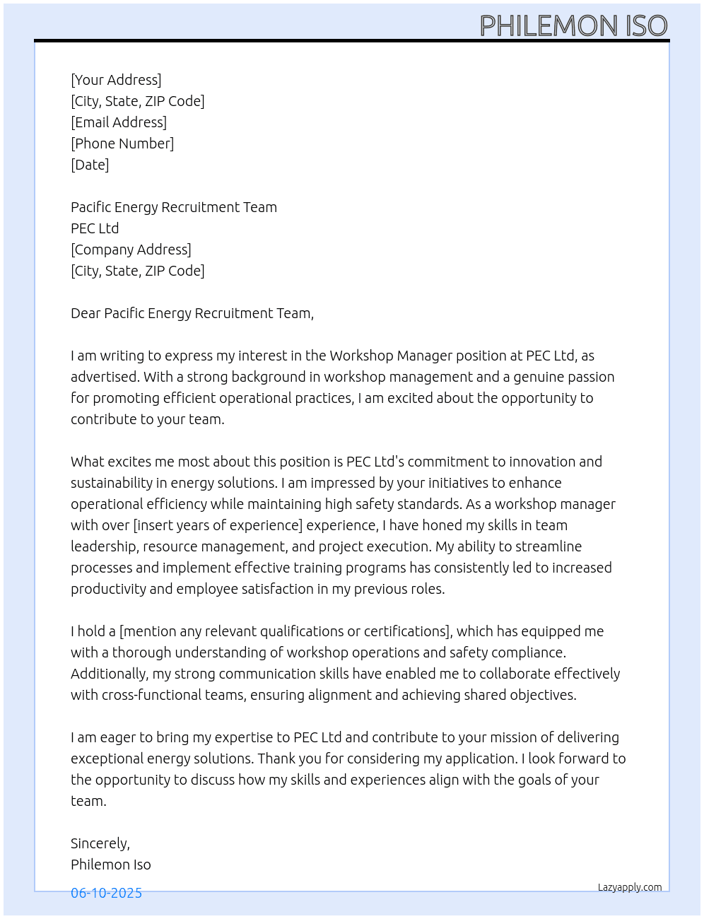 workshop manager At PEC Ltd Cover Letter
