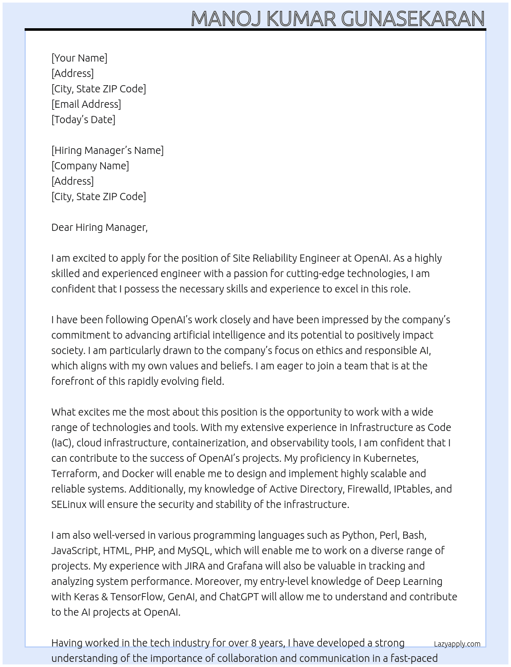 Site reliability engineer At OpenAI Cover Letter