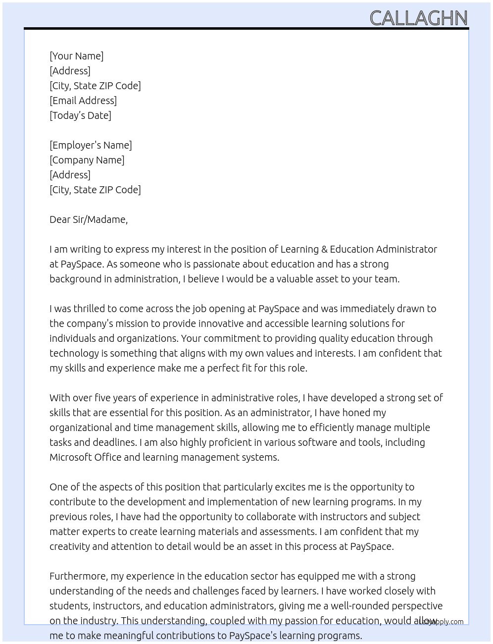 Learning & Education Administrator At PaySpace Cover Letter