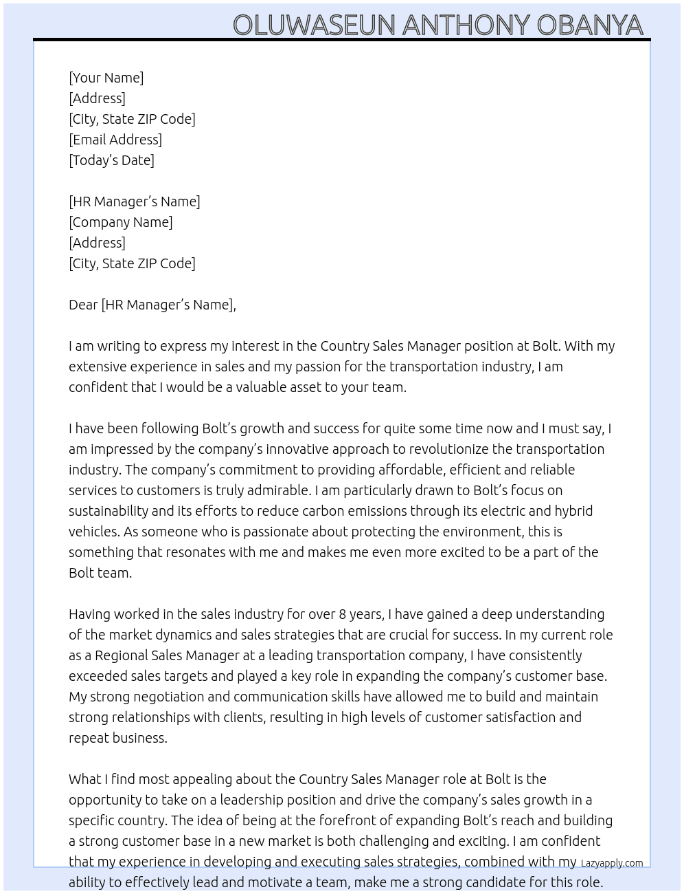 Country sales manager  At Bolt Cover Letter