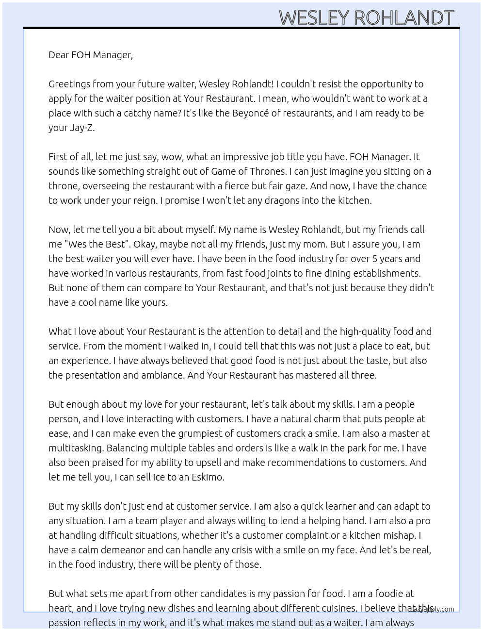 Waiter  At Your Restaurant  Cover Letter